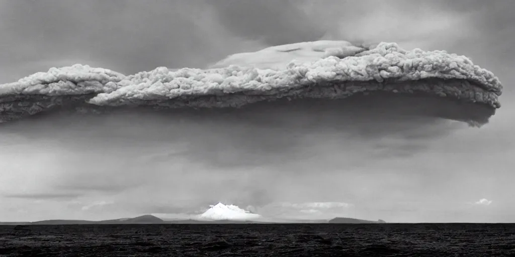 Prompt: A volcano island erupting in the distance, clouds and lighting forming above