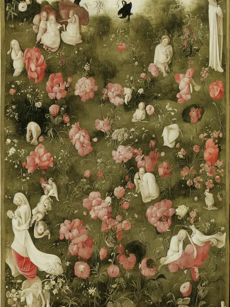 Image similar to beautiful large flowers in a garden, in the style of hieronymus bosch,