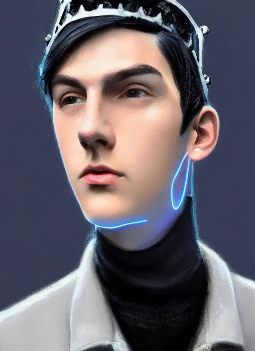 Image similar to portrait of teenage jughead jones wearing a light grey crown, crown, blue turtleneck, 1 9 5 0 s, closed eyes, photorealistic, black hair, glowing lighting, intricate, elegant, glowing lights, highly detailed, digital painting, artstation, concept art, smooth, sharp focus, illustration, art by wlop, mars ravelo and greg rutkowski