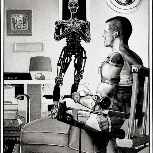 Prompt: Cyborg, posthuman, cybernetically augmented human, sitting in living room chair, watching black and white TV, drawn by Norman Rockwell