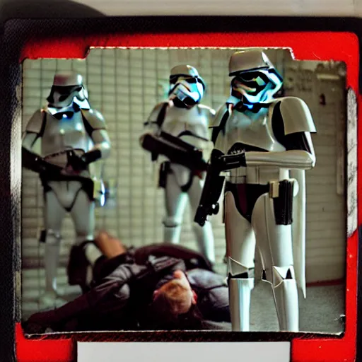 Prompt: Polaroid photo, cinematic tone, stormtroopers lying on his back on the floor, cluttered 80s American room