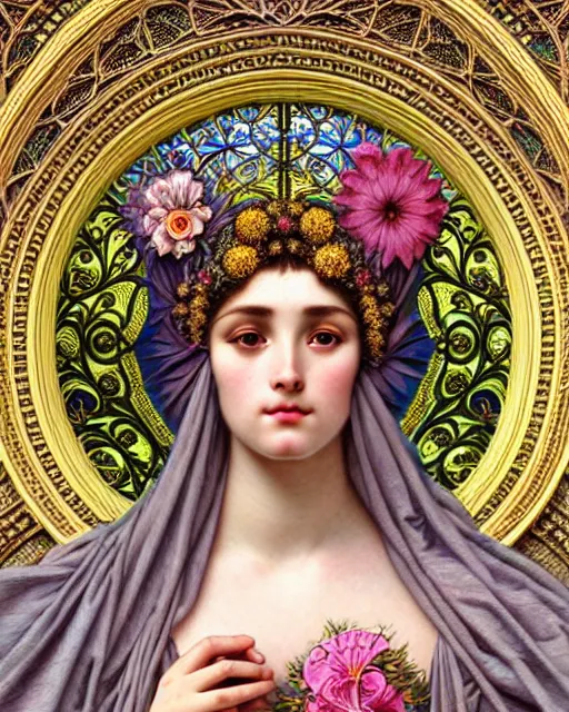 Image similar to hyperrealistic detailed portrait of a beautiful young goddess with an intricate headgear morphing into a gothic cathedral, authentic ornamental architecture, flowers, art by ernst haeckel, john william godward, android jones, alphonso mucha, h. r. giger, gothic, neo - gothic, ornamental, beautiful deep colours,