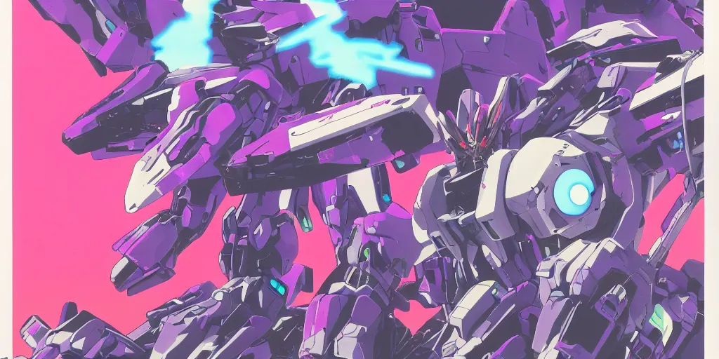 Prompt: risograph grainy painting of gigantic huge evangelion - like gundam mech face, black colors, with huge earrings and glasses with a lot of details and lasers, covered with plants, hyper light drifter scene by moebius and dirk dzimirsky and satisho kon, close - up wide portrait