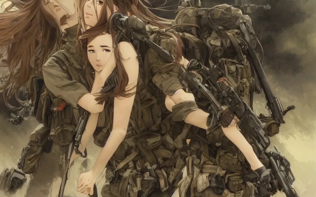 Image similar to war movie scene, infantry girl, anime style, long hair, hair down, symmetrical facial features, explosions, 4 k wallpaper, from girls frontline, hyper realistic, pale skin, rule of thirds, extreme detail, realistic lighting, detailed drawing, trending artstation, hd, trading card, by alphonse mucha, greg rutkowski, backlit