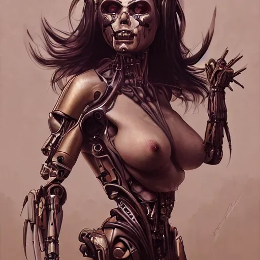 Image similar to An Alien Robot Naughty Nurse, facial tattoos, artists portrait, biomechanical, Emergency Room, fantasy, highly detailed, digital painting, concept art, sharp focus, depth of field blur, illustration, art by artgerm and greg rutkowski and alphonse mucha