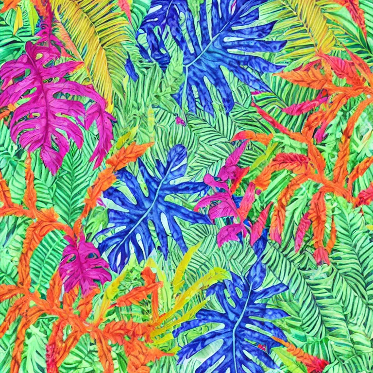 Prompt: scarf versace, colorful ferns and tropical flowers, surreal, abstract, colorful, detailed art, illustration style, watercolor, repeating pattern!!!