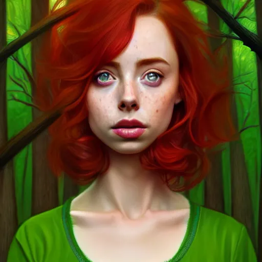 Image similar to realistic character concept, gorgeous Kacey Rohl, red hair, small freckles, symmetrical face, symmetrical eyes, green dress, forest, trees, shorter neck, cinematic lighting, artgerm, Joshua Middleton, Adreas Rocha, beautiful