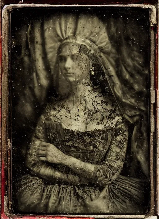 Image similar to old wetplate daguerreotype portrait of an ages women, explosion of data fragments, fractal, intricate, elegant, highly detailed, parallax, leica, medium format, subsurface scattering, by jheronimus bosch and greg rutkowski and louis jacques mande daguerre