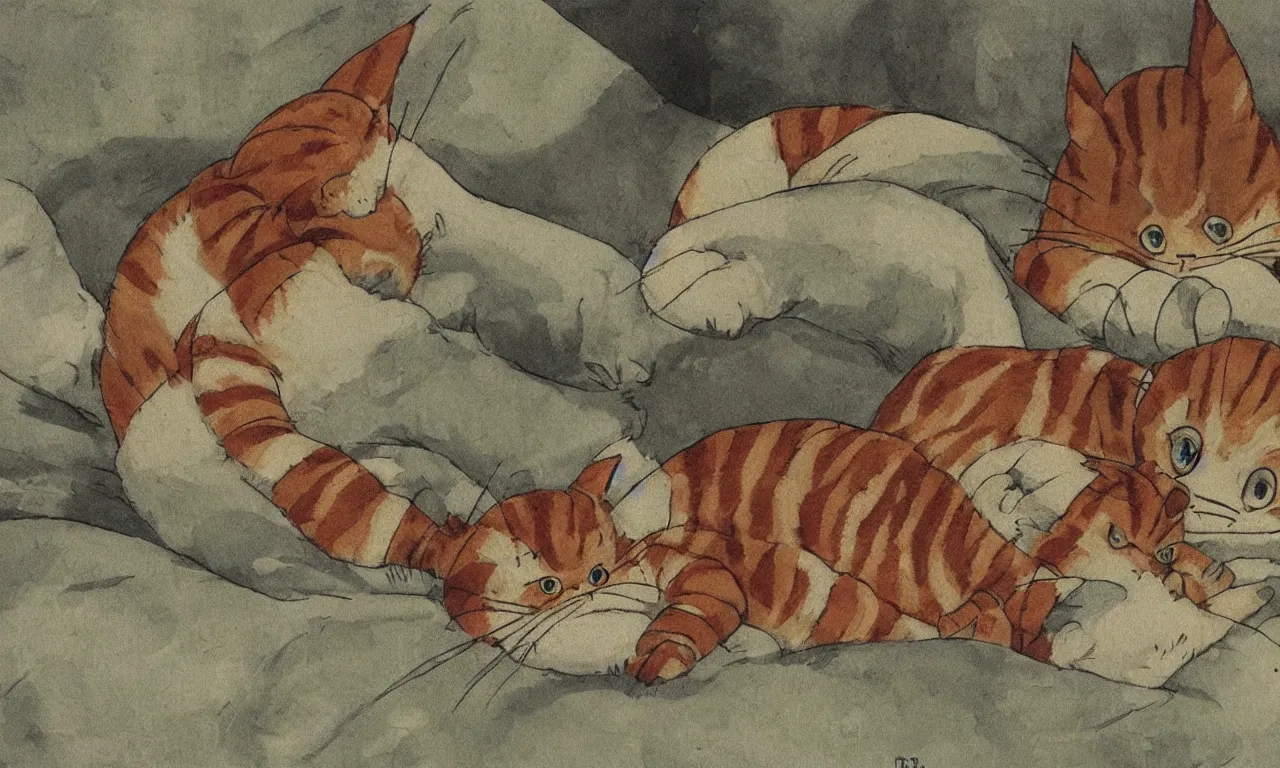 Prompt: Sleeping striped red tabby cat in my neighbor Totoro, concept art by Hayao Miyakaki, Studi Ghibli movie still, masterpiece, trending on ArtStation, masterpiede, stunning, beautiful, powerfull, award-winning