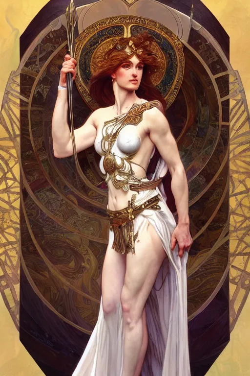 Prompt: painted portrait of artemis wearing armor, greek god, feminine, powerful, beautiful, upper body, white robe, muscular, fantasy, intricate, elegant, highly detailed, digital painting, artstation, concept art, smooth, sharp focus, illustration, art by gaston bussiere and alphonse mucha
