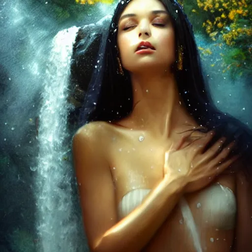 Prompt: beautiful woman, white transparent veil black hair, showering in a waterfall, swimming, ethereal, emotive, fine art, water mist, mystical, Romanticism, natural light, cinematic lighting, ultra detailed, highly detailed, sharp focus, golden background with flowers, golden jewelry with blue sapphires, photographic, art by artgerm and greg rutkowski and zdislav beksinski