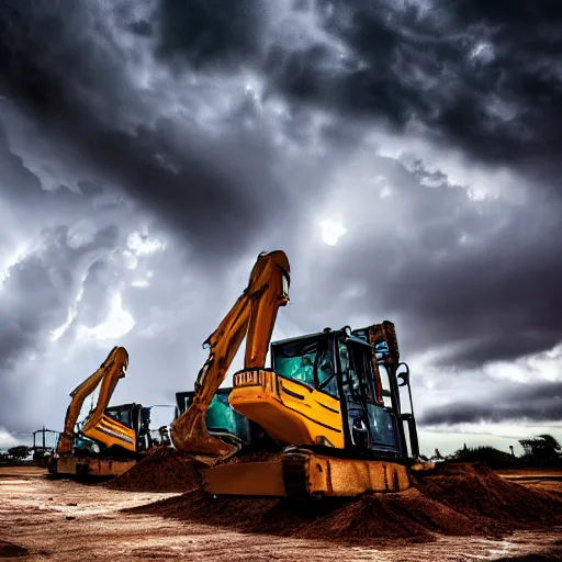 Prompt: 4 k hdr wide angle two heavy duty excavators posed as instagram model women kissing eachother during a stormy evening sony a 7