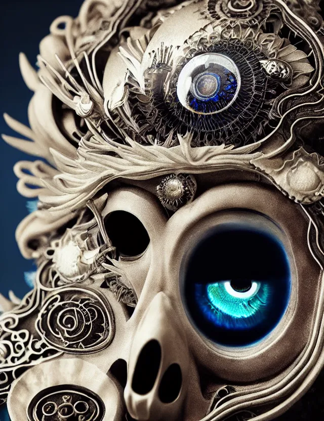 Prompt: eye of goddess macro close - up portrait with mask made of ram phoenix skull. betta fish, jellyfish, plasma, water, wind, creature, super intricate ornaments artwork by tooth wu and wlop and beeple and greg rutkowski