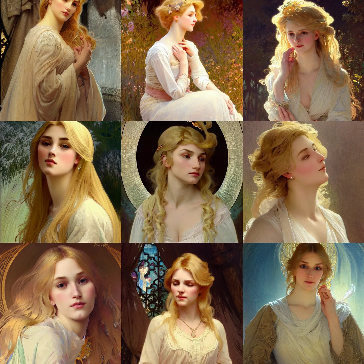 Image similar to painted portrait of a modest wife blessed by god with ever - increasing intelligence beauty and virtue. blonde, clothed holy body, light effect. feminine, powerful, in clothes! intricate, elegant, highly detailed, digital painting, artstation, concept art, smooth, sharp focus, illustration, art by gaston bussiere and alphonse mucha