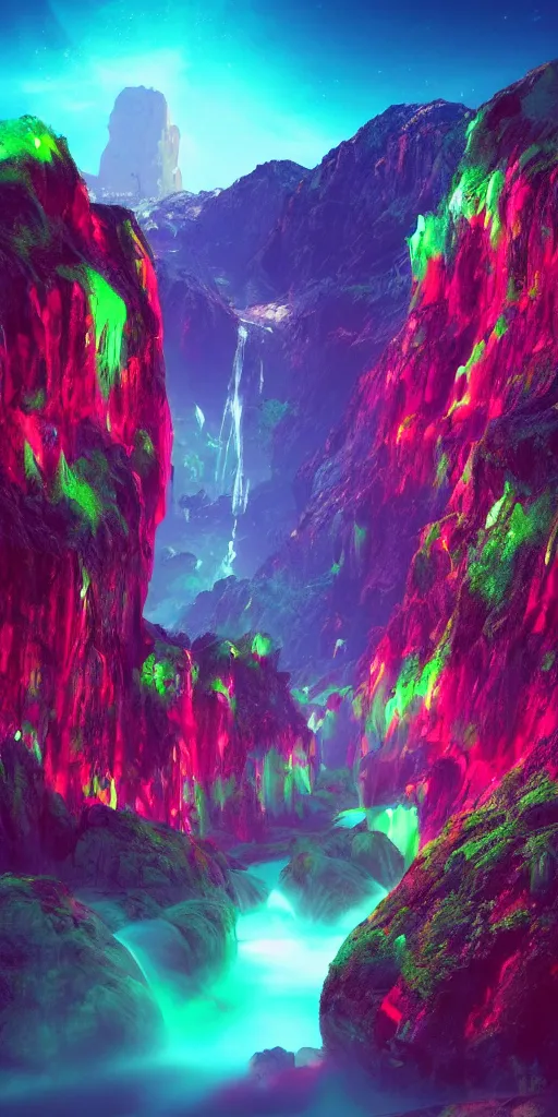 Prompt: a beautiful neon alien landscape, mountains, neon waterfalls