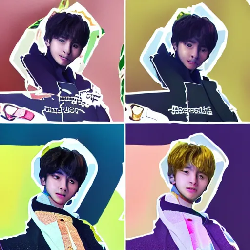 Image similar to haechan from nct in liminal space doing random poses, different angles, different art styles, color restoration