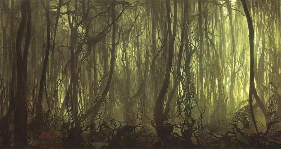 Prompt: A dense and dark enchanted forest with a swamp, by Alfons Maria Mucha