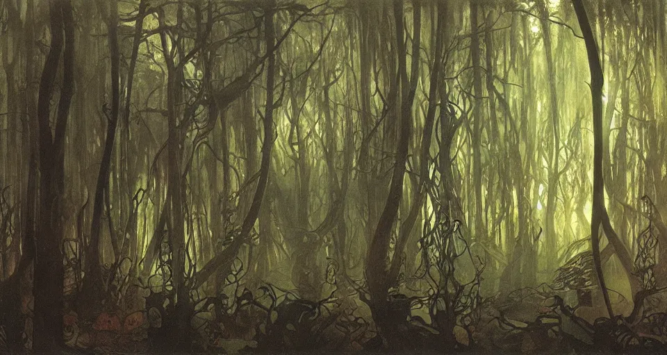 Image similar to A dense and dark enchanted forest with a swamp, by Alfons Maria Mucha