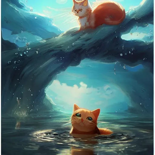 Prompt: A cat swimming in water, Japanese anime style, fantasy matte painting，cute, rich colors, high details，light effect，by Justin Currie and Justin Gerard，trending on cgsociety and artstation，8kHDR，