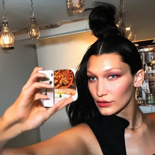 Prompt: bella hadid taking a selfie with her favorite food, photorealistic, dynamic light, fast food, ultra detailed