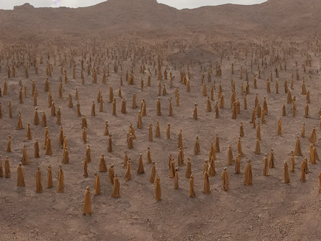 Prompt: the line of bene gesserit people in full - face golden glowing masks in a dry rocky desert landscape, alien spaceship in the sky, ancient abandoned city beneath the sand, by christopher doyle and alejandro jodorowsky, anamorphic lens, kodakchrome, cinematic composition, very detailed photo, 8 k,