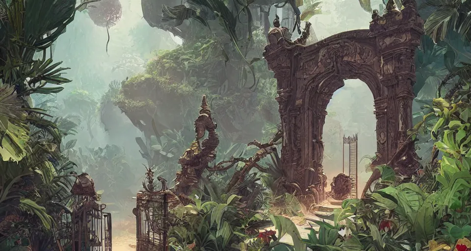 Prompt: a beautiful detailed concept art of ancient ornamental gate in the middle of tropical jungle by ghibli, by greg tocchini, by james gilleard, by joe gb fenton, by kaethe butcher, dynamic lighting, vibrant, clean, grunge aesthetic, octane render, artstation