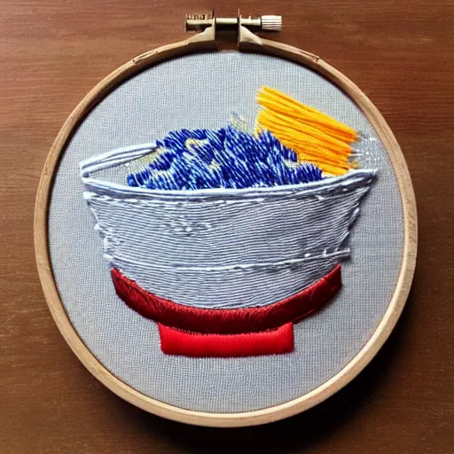 Image similar to a bowl of kraft dinner in space, embroidery, highly detailed