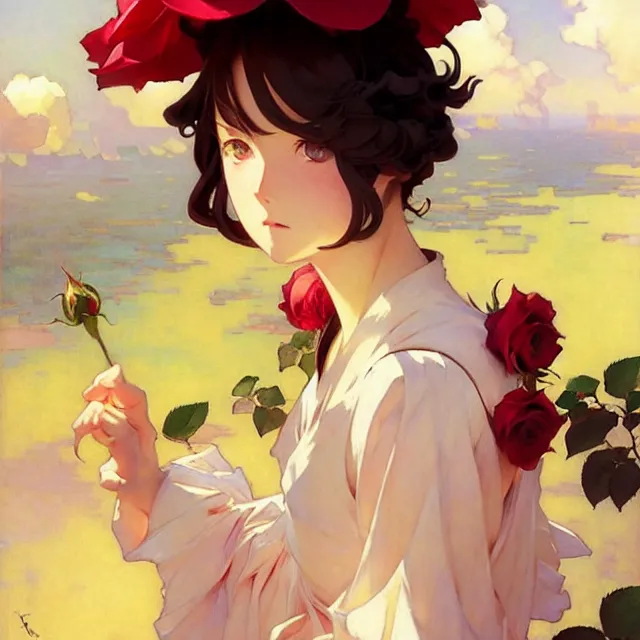 Image similar to beautiful rose anime girl, krenz cushart, mucha, ghibli, by joaquin sorolla rhads leyendecker, by ohara koson