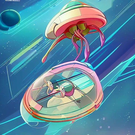 Prompt: Cartoon network Steven Universe design of a cute damaged mechanical jelly fish spaceship flying in hyperspace, beautiful clear detailed 8k digital art, by Amin Faramarzian Artstation