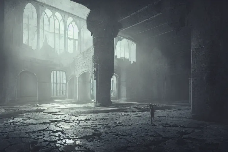 Image similar to when a shadow is forced into the light, abandoned castle halls, dramatic, cinematic, matte painting, cgsociety, artstation, 4k