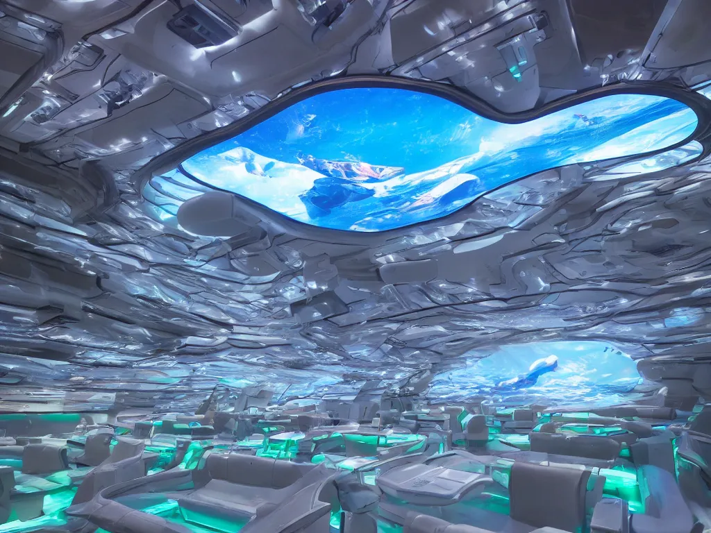 Prompt: visor with curved translucent screens projecting detailed sci - fi art ( 2 0 4 2 ), pixel perfect photograph, high contrast, volumetric lighting, thin glowing lights, underwater, chairs, users, pair of keys