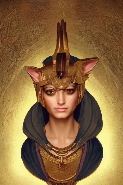 Image similar to portrait of the beautiful egyptian goddess, bastet, bast, woman / cat hybrid, soft torchlight in an egyptian tomb, digital art by ruan jia and mandy jurgens and artgerm and william - adolphe bouguereau, highly detailed, trending on artstation, award winning,