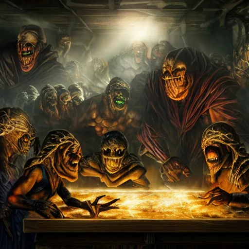 Image similar to evil souls being produced in incomprehensible sweatshop under fluorescent light hell, advanced, photorealistic, realistic, dramatic lighting, fantastic reality, by jeff easley, 8 k resolution