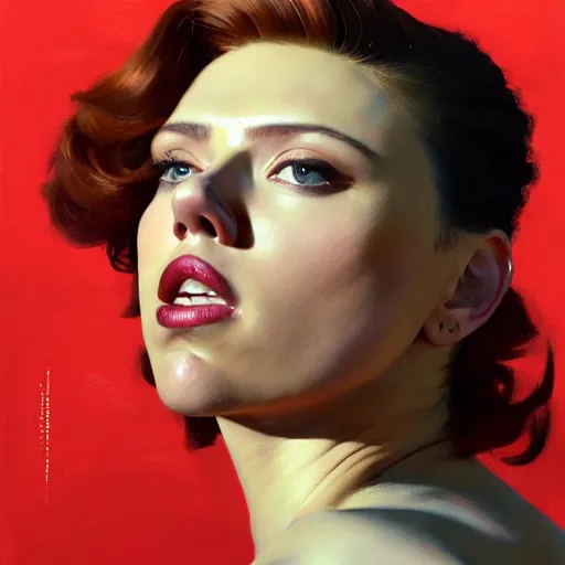 Prompt: greg manchess portrait of scarlett johansson as thick very muscular weightlifter with red hair and black lips, eyes closed, medium shot, asymmetrical, profile picture, organic painting, sunny day, matte painting, bold shapes, hard edges, street art, trending on artstation, by huang guangjian and gil elvgren and sachin teng