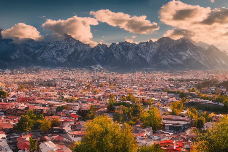 Prompt: landscape photography, metorpolitan city behind mountains, cold lighting, morning hour, mountains, clouds, beautiful, kodachrome, 4 k, hd