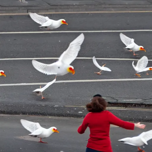 Prompt: mcdonald worker being attacked by seagulls