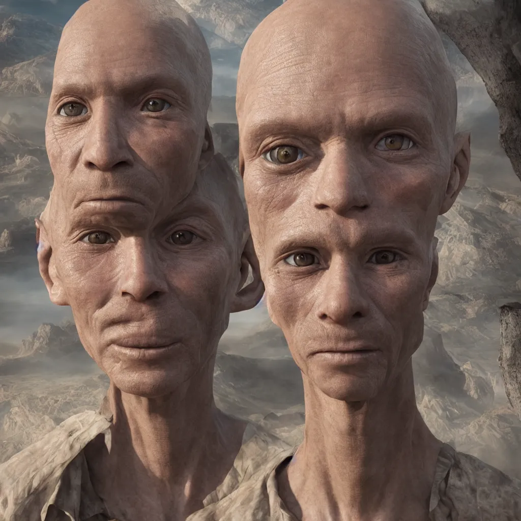 Image similar to a high-resolution, hyper realistic, portrait of a alien disguised as a human, style Steve McCurry Octane render 8k