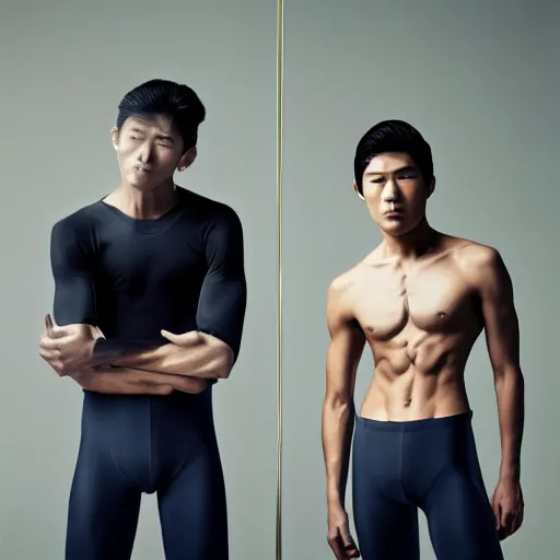 Prompt: a beautiful athletic slim japanese male posing with a beautiful athletic slim mexican male, they are sourrounded by ombre colored mist, award winning photography by annie leibovitz for paper magazine