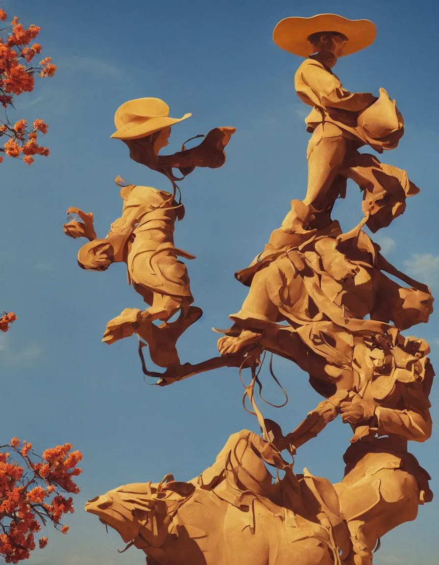 Prompt: a cowboy turning into blooms by slim aarons, by zhang kechun, by lynda benglis, by frank frazetta. tropical sea slugs, angular sharp tractor tires. bold complementary colors. warm soft volumetric light. national geographic. 8 k, rendered in octane, smooth gradients. a manly cowboy riding by edward hopper. sculpture by antonio canova.