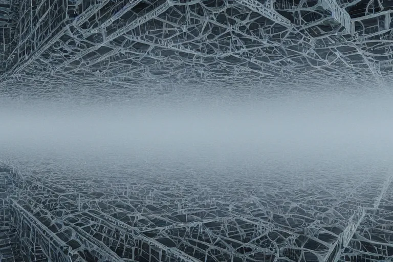 Prompt: a complex organic fractal 3 d ceramic megastructure city, cinematic shot, foggy, photo still from movie by denis villeneuve