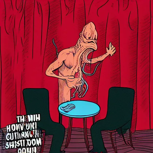 Image similar to Cthulhu lost inside the red room from Twin Peaks while David Lynch laughs in the background, mike judge art style, 90s mtv illustration W- 1920