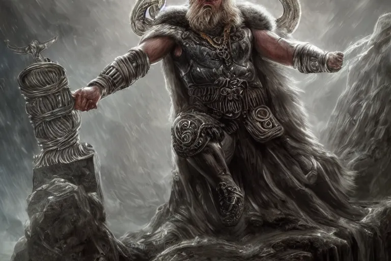 Image similar to mythological Odin all father god of thunder and artificial intelligence creating an artificial neural network with synapses on an anvil in the ethereal city of valhalla, high resolution, award winning art, trending on art station, sharp image, incredibly detailed, odin all father detailed character realistic painting