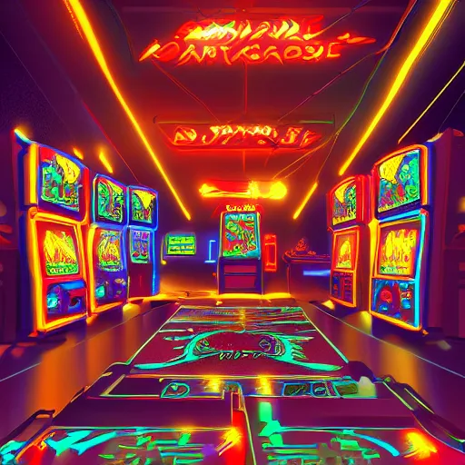 Prompt: a labyrinth of 90s arcade machines, dark neon lighting, artstation, high res, 4k
