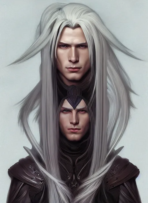 Image similar to centered portrait, Sephiroth as a male D&D Ranger, blonde hair, Art Nouveau, beautiful retro Fantasy heroine 1985, intricate, elegant, highly detailed, centered, digital painting, trending on artstation, concept art, smooth, sharp focus, illustration, art by raphael lacoste, eddie mendoza, Mucha, alex ross, WLOP