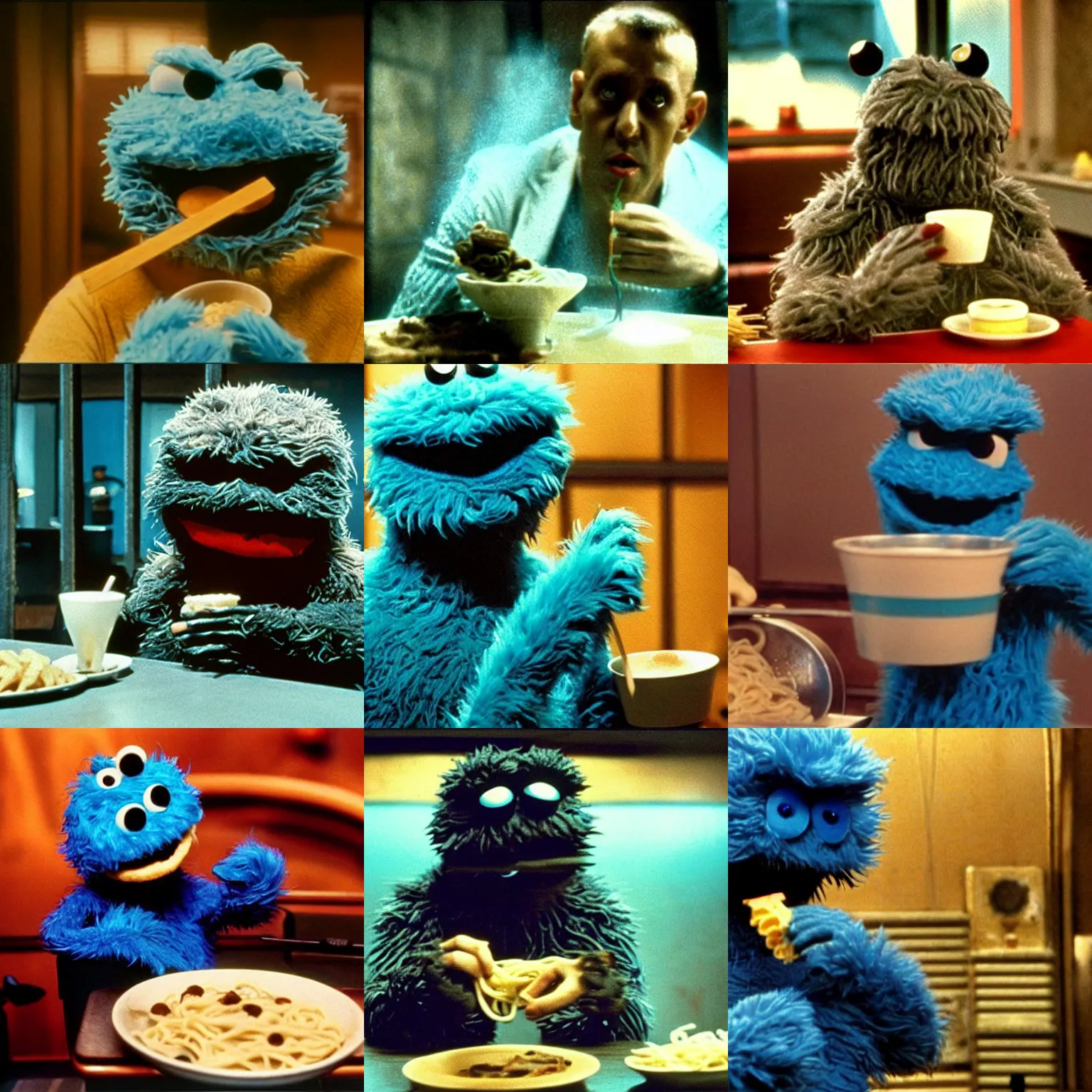 Prompt: Cookie Monster eating noodles, Still from Blade Runner (1982)