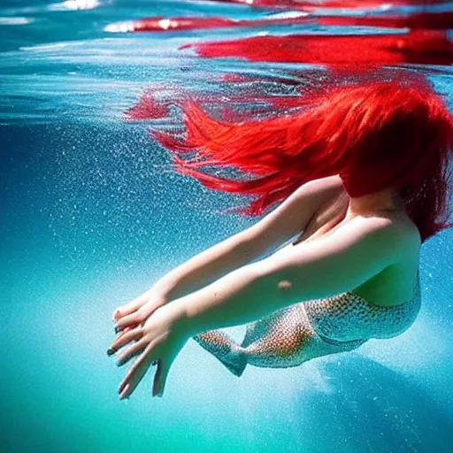 Prompt: beautiful curvy perfect mermaid under the water with flowing tail swims peacefully under the ocean surface on a warm sun filled day, her red hair trails behind her floating in the water. natural beauty gorgeous stunning photo