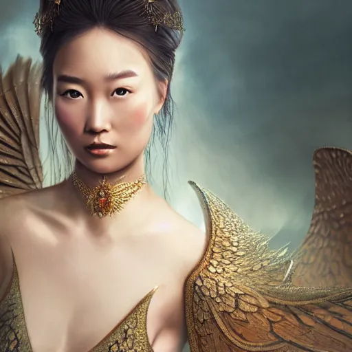 Image similar to beautiful elegant mongolian princess royalty portrait in a sensual pose, she is spreading her wings, face centered portrait, full face makeup, confident, fog, volumetric lighting, beautiful, golden hour, sharp focus, ultra detailed, conceptartworld by leesha hannigan, ross tran, thierry doizon, kai carpenter, ignacio fernandez rios