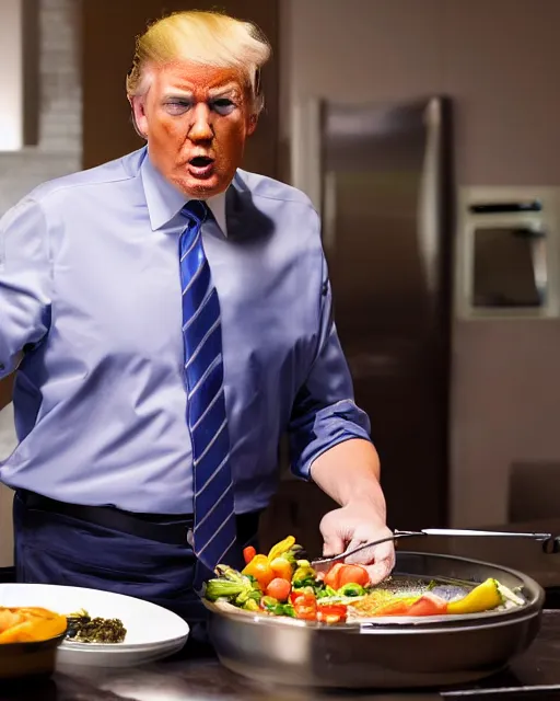 Prompt: wide shot photoshoot of donald trump preparing a meal, 8 k, photorealistic