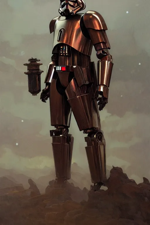 Image similar to a full body fantasy portrait oil painting illustration of a robot in battle worn armour by Justin Sweet and Greg Rutkowski and Alphonse Mucha with face and body clearly visible, Star Wars, sith, forgotten realms, artstation trending, high quality, sombre mood, artstation trending, muted colours, no crop, entire character!,