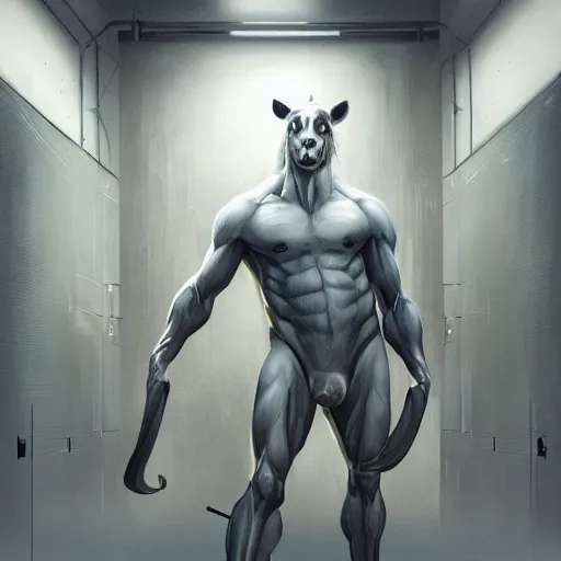 Image similar to an enormously muscular anthro horse in a research facility wearing a skintight body armor, exaggerated physique, long white mane, equine, anthro art, furaffinity, highly detailed, digital painting, artstation, concept art, illustration, art by artgerm, greg rutkowski, ruan jia